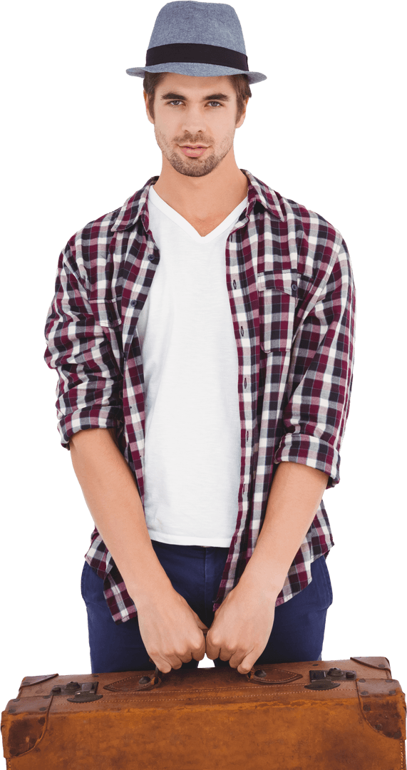 Confident Man Holding Transparent Vintage Suitcase