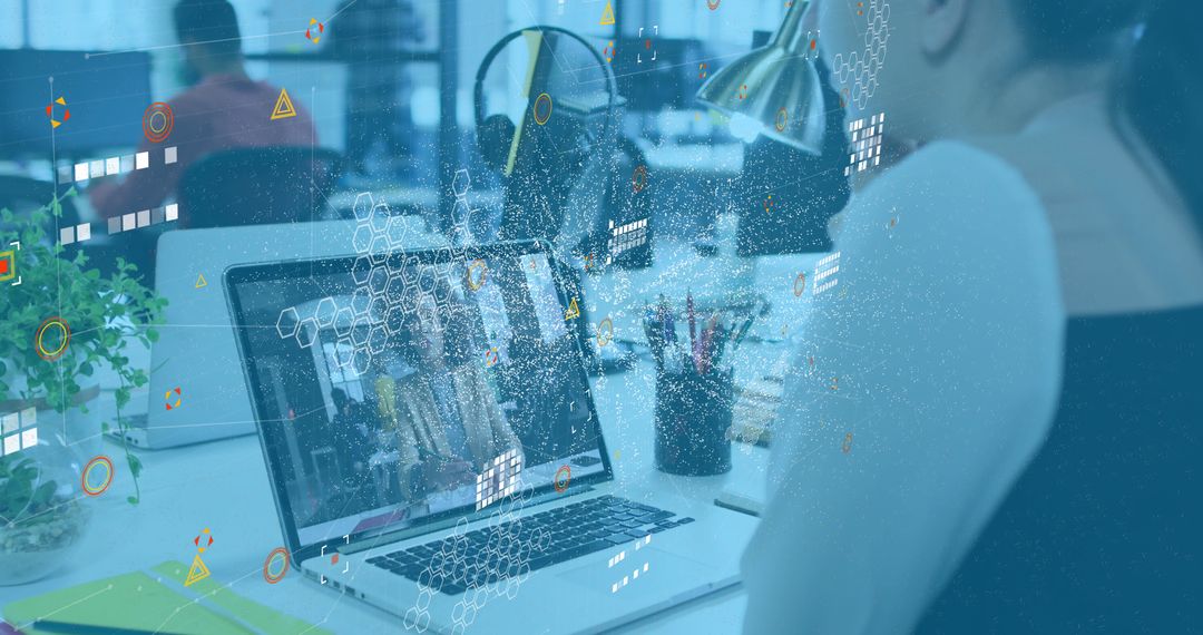 Woman Engaging in Virtual Communication with Digital Graphics Overlay