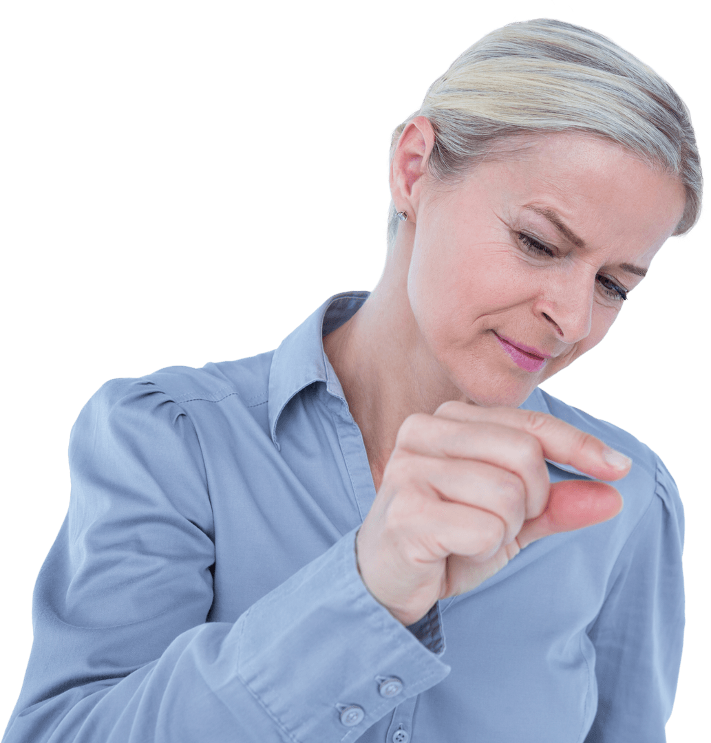 Focused Businesswoman Holding Virtual Object on Transparent Background