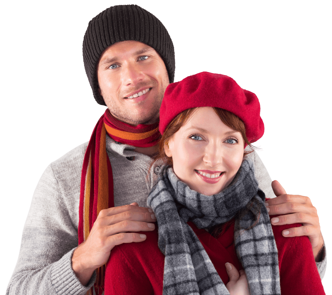 Cheerful Couple Smiling with Layered Winter Clothes on Transparent Background