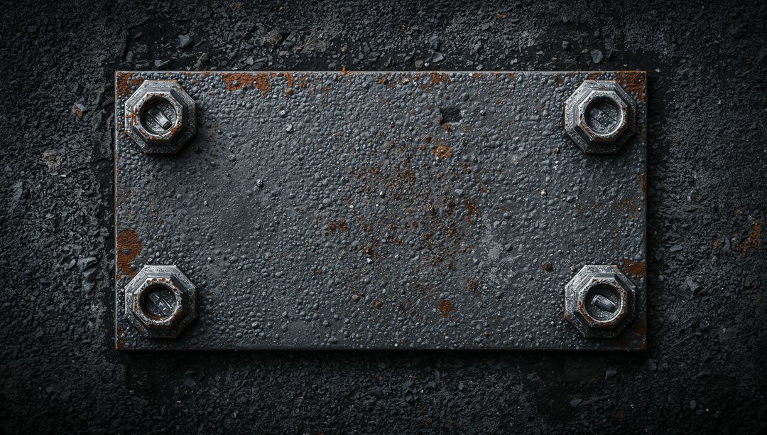 Rusted Rectangular Steel Plate with Textured Corrosion and Bolted Hex Nuts Closeup Grunge