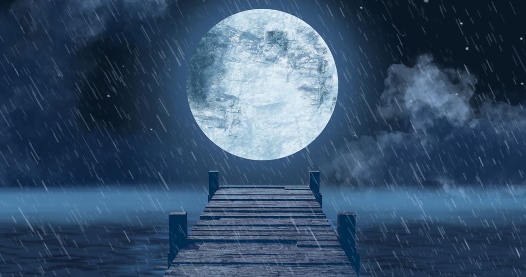 Rainy Night Wooden Jetty and Full Moon Over Calm Sea