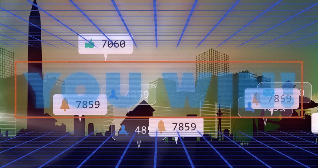 Winning text with social media icons over digital cityscape