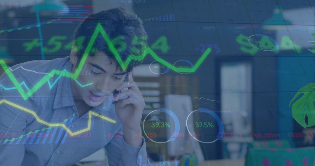 Businessman in Modern Office Analyzing Growth Data on Phone