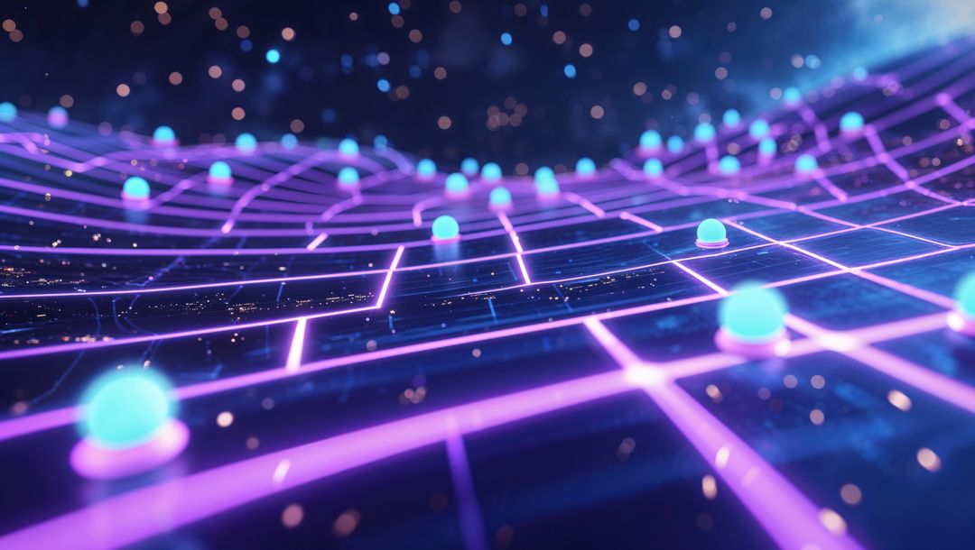 Futuristic Digital Grid with Glowing Spheres and Abstract Neon Design