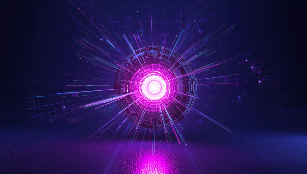 Radiating Neon Energy Core with Holographic Concentric Rings and Reflective Violet Portal