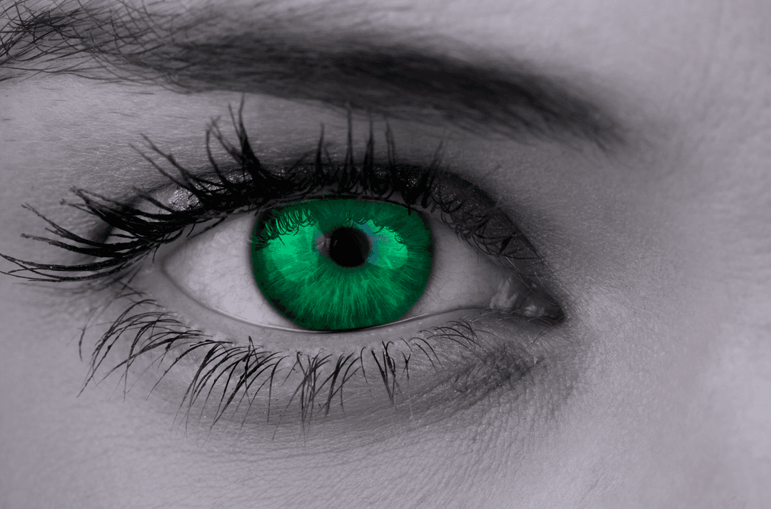 Close-Up of Eye in Black and White with Transparent Green Iris Detail
