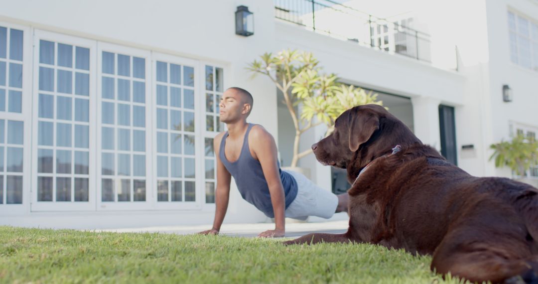 Man Practicing Yoga with Dog Outdoors on Grass - Free Images, Stock Photos and Pictures on Pikwizard.com