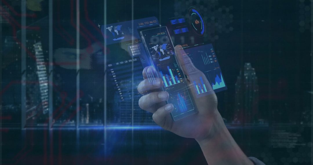 Futuristic Holographic Display Showcasing Data Analytics in Urban Setting