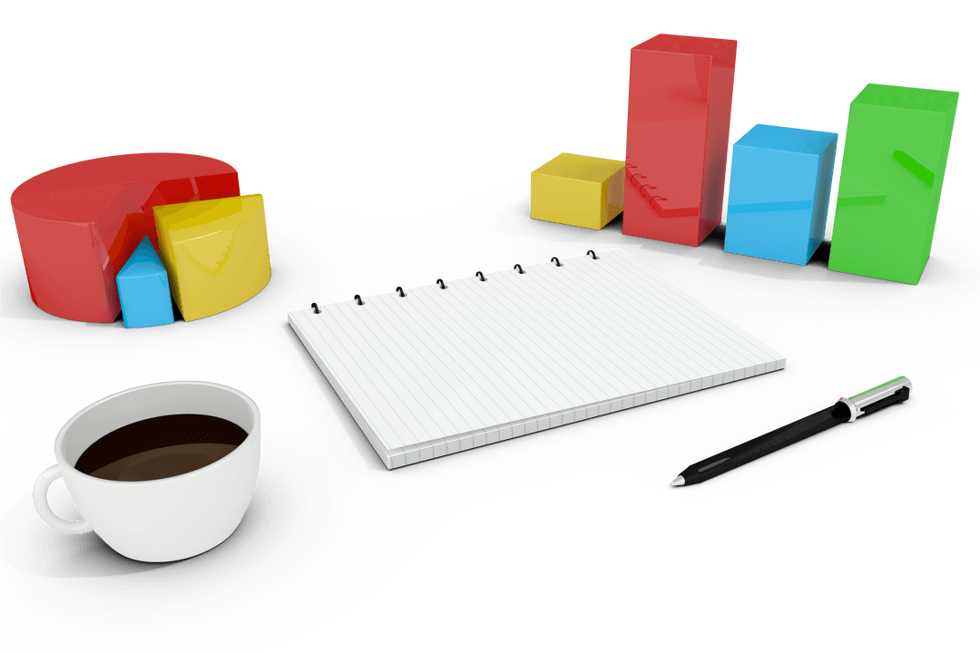 Transparent Statistics Charts and Notebook with Coffee Cup