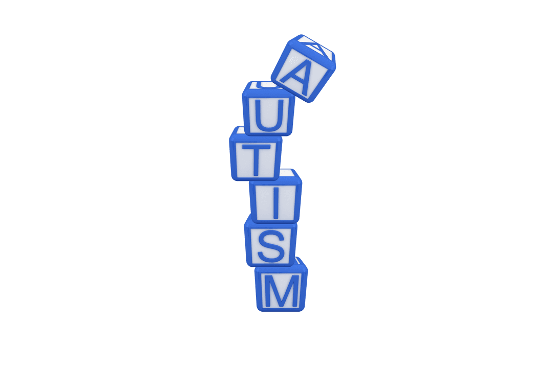 Autism Text on Stacked Blue Cubes with Transparent Background