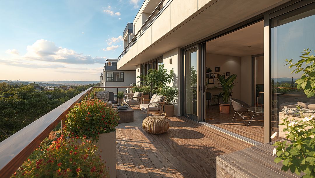 Showcasing Spacious Modern Apartment Terrace Featuring Wooden Decking and Lush Planters