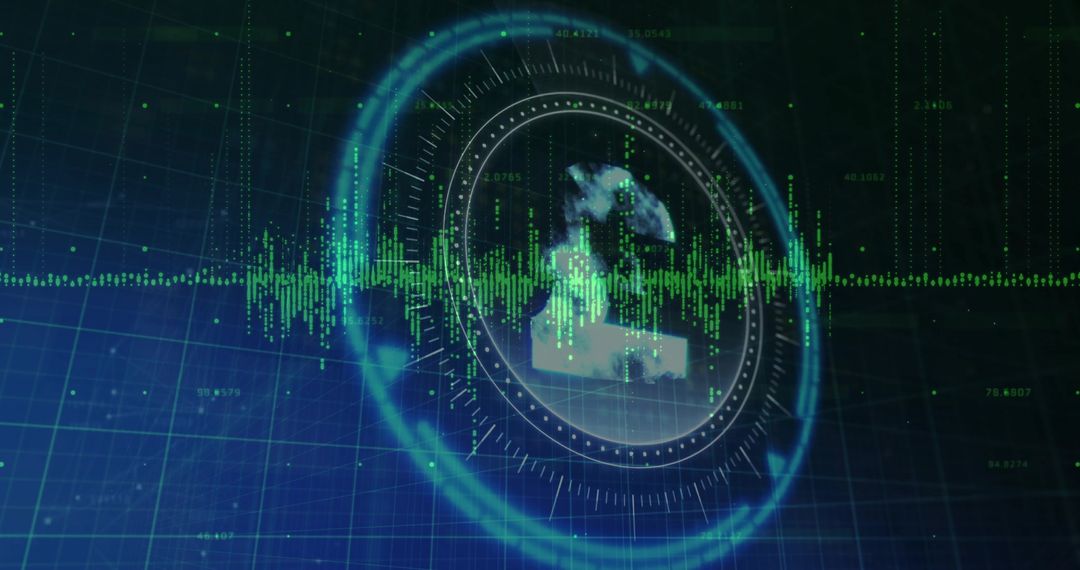 Pulsing Circular HUD Globe with Pound Symbol and Waveform on Futuristic Data Grid