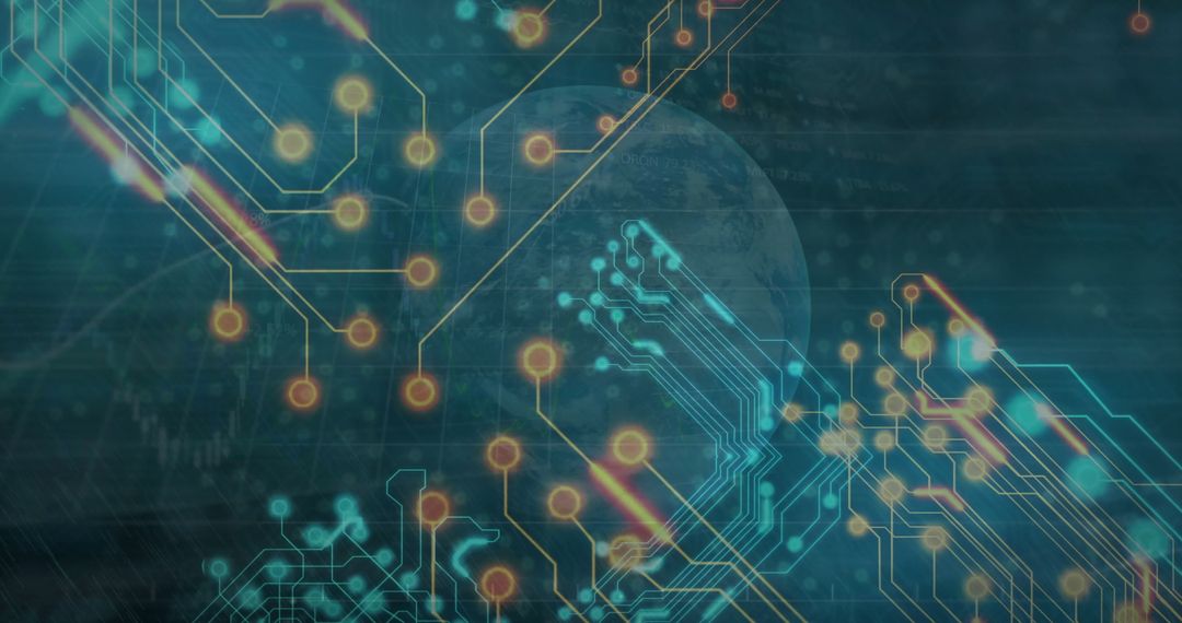 Illuminated Circuit Board and Globe Over Futuristic Background