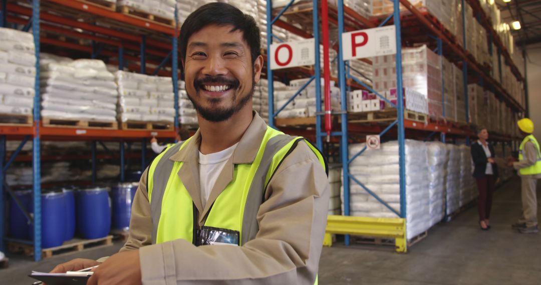 Confident Asian Warehouse Worker Smiling with Clipboard