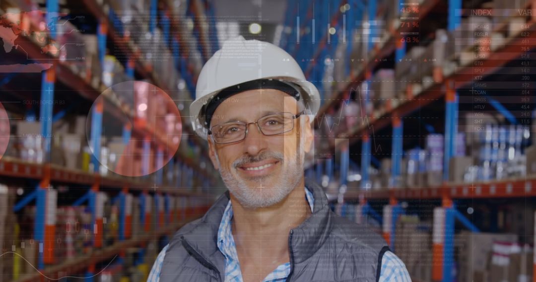 Warehouse Manager Analyzing Global Shipping Data with Digital Overlay