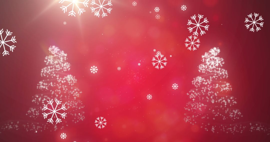Digital Christmas Trees with Falling Snowflakes on Red Background