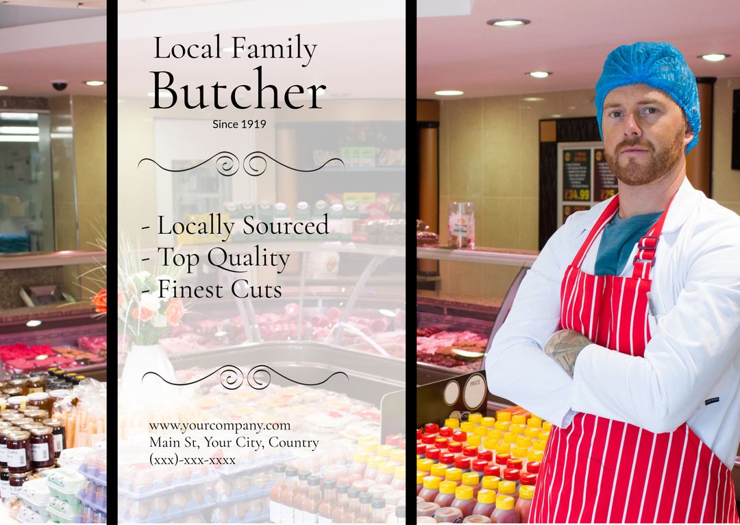 Professional Butcher in Red Apron Displaying Quality Meats - Download Free Stock Templates Pikwizard.com