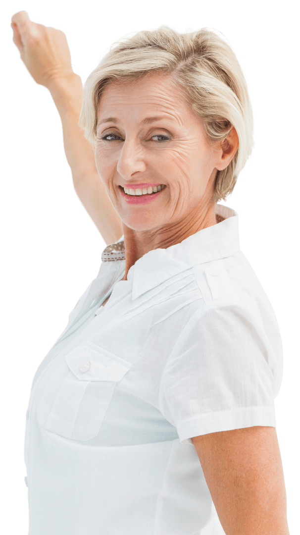 Happy Mature Woman Writing on Transparent Surface