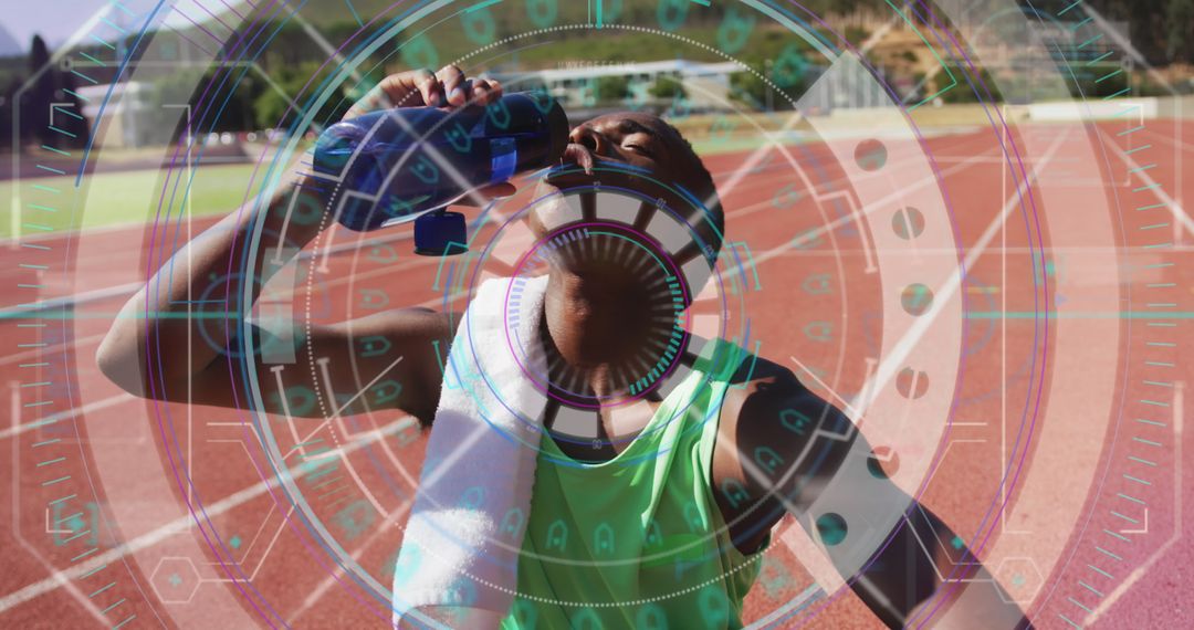 Athlete Drinking Water Amidst Futuristic Data Visualization