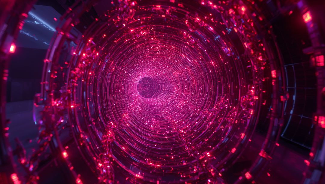 Sci-Fi Tunnel with Glowing Pink and Red Light Particles