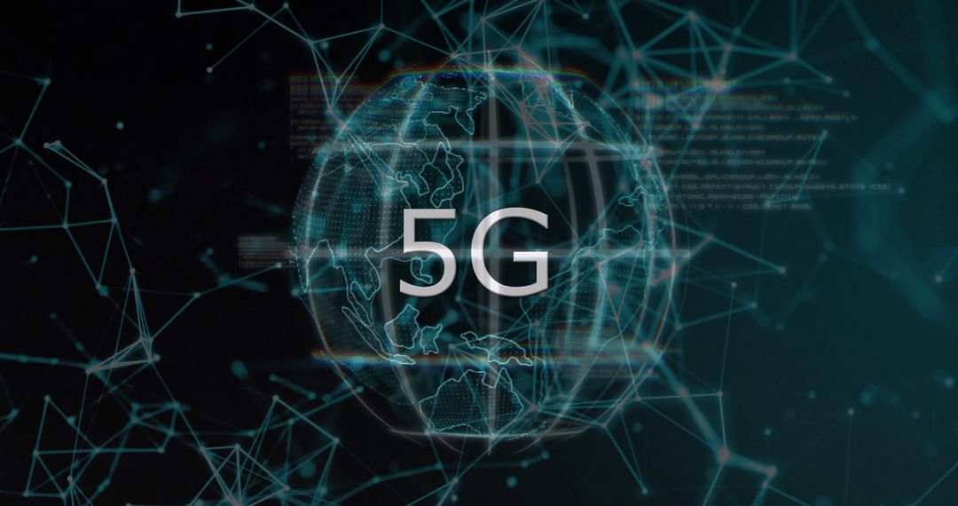 5G Technology Abstract Network with Wireframe Globe and Glowing Nodes