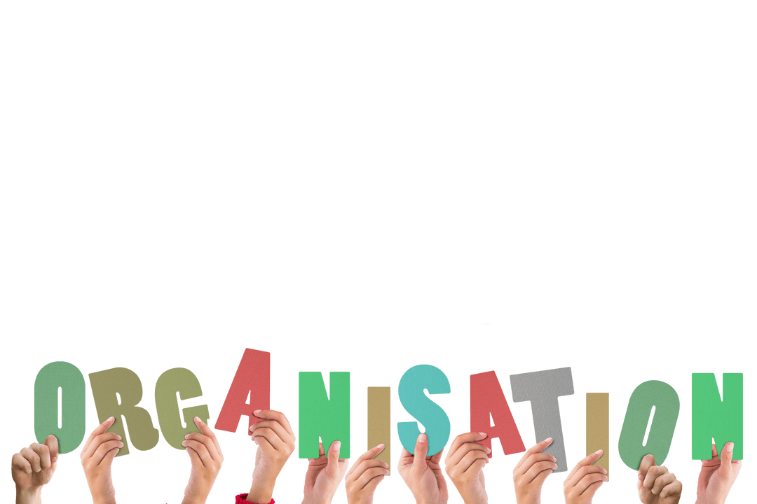 Hands Holding Colorful Letters Forming Word 'Organisation' Transparent Background