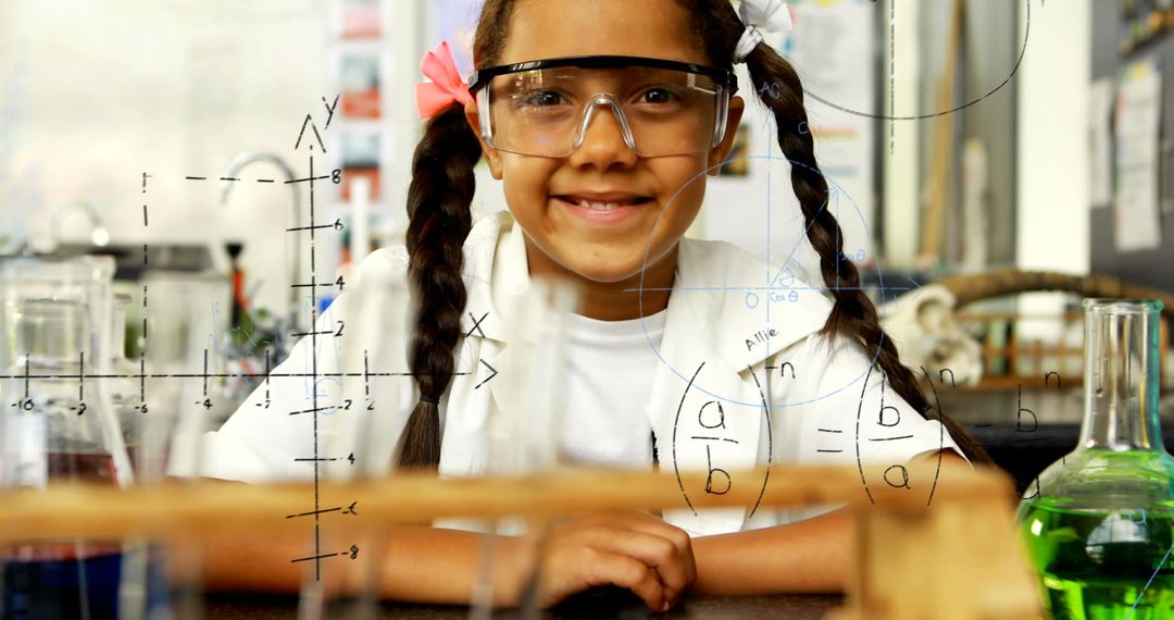 Smiling Schoolgirl with Mathematical Symbols Exploration