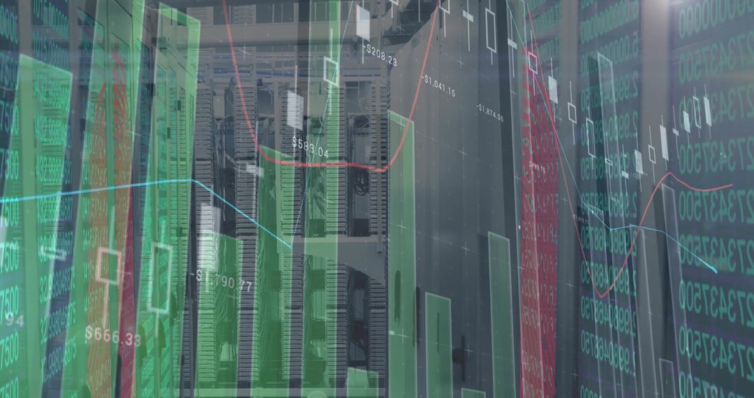 Data Center Racks with Overlaying Financial Analytics Charts