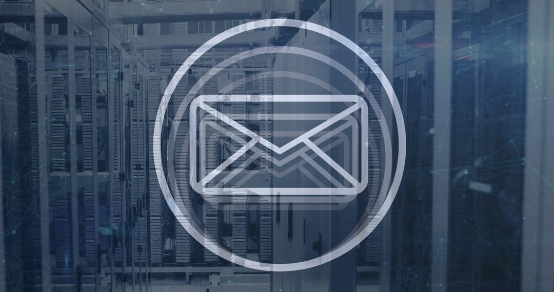 Digital Message Icon Overlaying Server Room for Email Technology