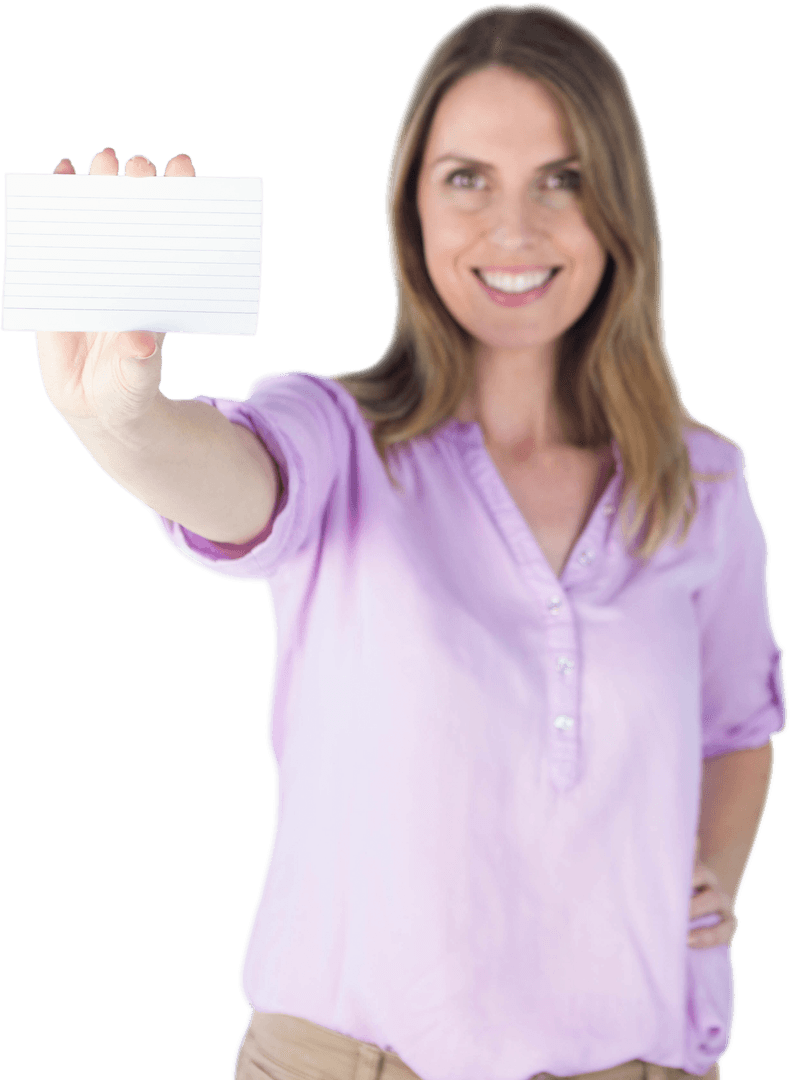 Portrait of Smiling Woman Holding Transparent Card for Communication Concept