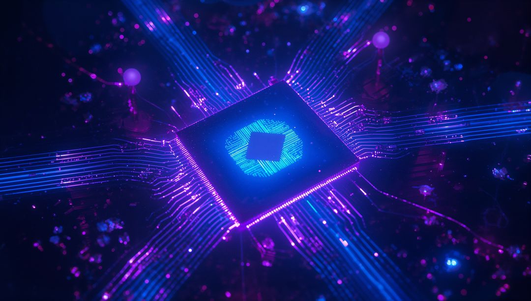 Futuristic Neon Microchip with Glowing Circuit Traces