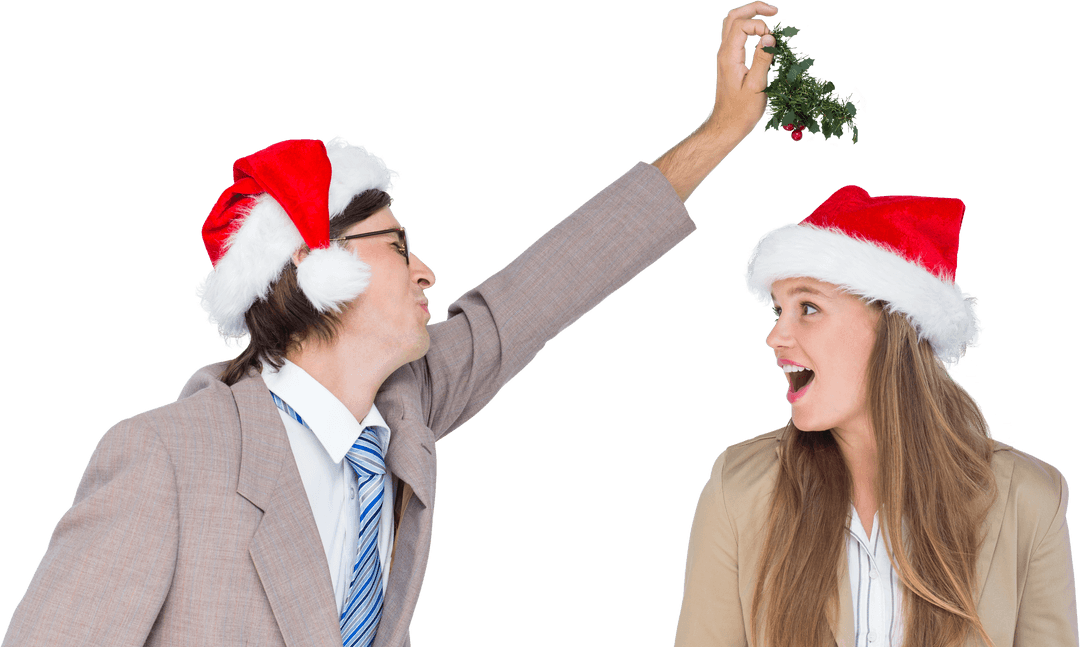 Office Christmas Fun with Santa Hats and Mistletoe on Transparency