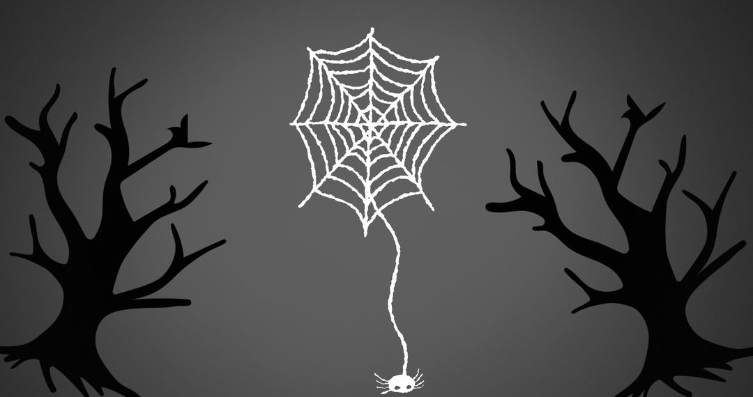 Halloween Spider Web with Creepy Trees on Gray Background