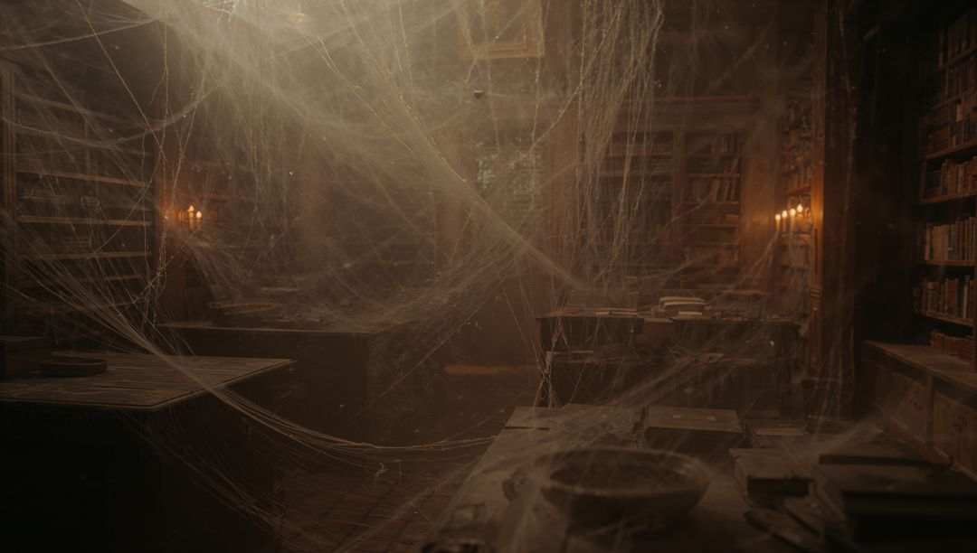Eerie Abandoned Library with Dusty Cobwebs and Ancient Books