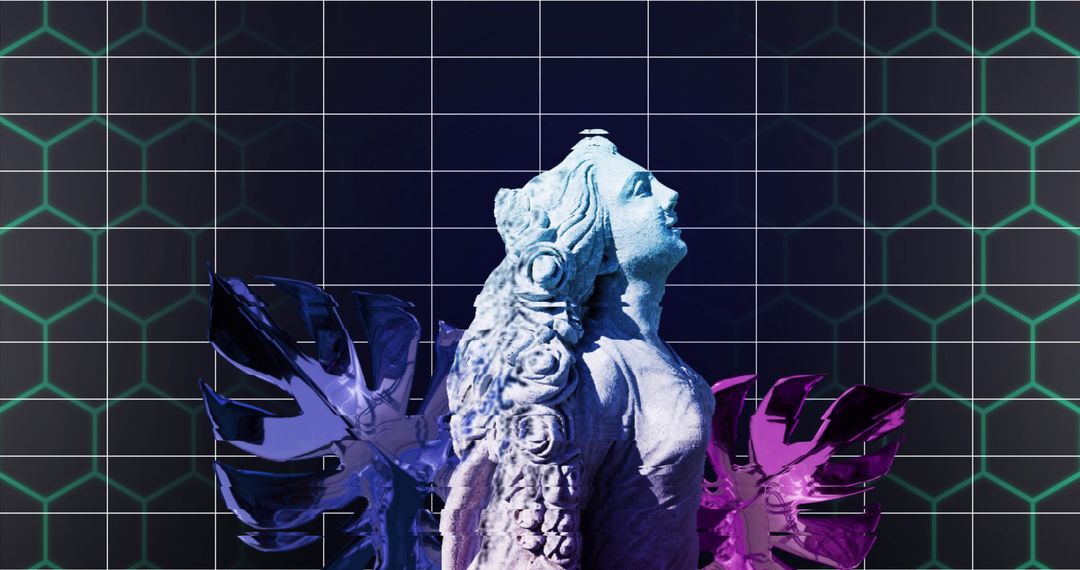 Surreal Sculpture with Tropical Leaves and Metaverse Interference