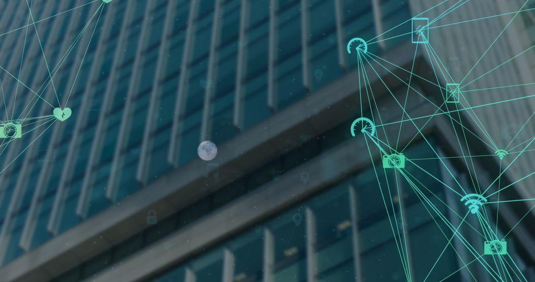 Digital Networking Icons Superimposed on Urban Skyscraper