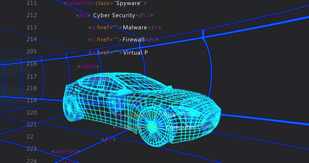 3D Wireframe Car with HTML Code Overlays in Futuristic Tunnel