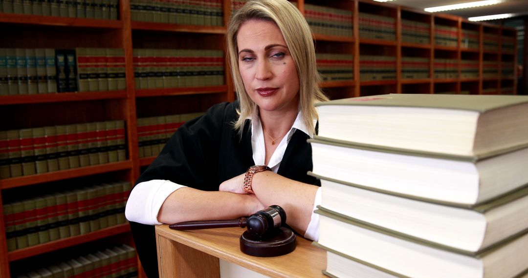 A middle-aged Caucasian woman dressed as a judge sits confidently in a courtroom, with copy space - Free Images, Stock Photos and Pictures on Pikwizard.com