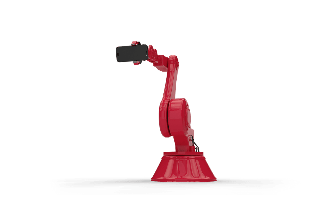 Transparent Red Robot Arm Holding Mobile Device on White Background