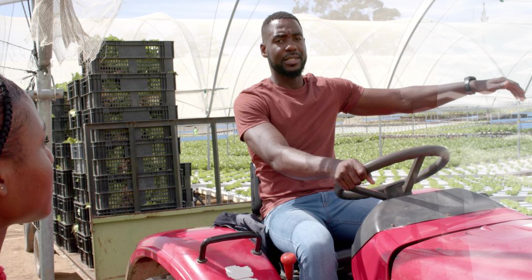 Farm Worker Navigating Tractor in Greenhouse Environment
