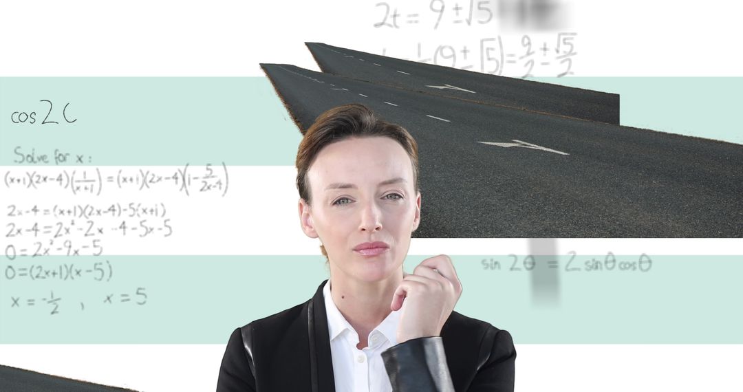 Businesswoman Contemplating with Mathematical Calculations in Backdrop