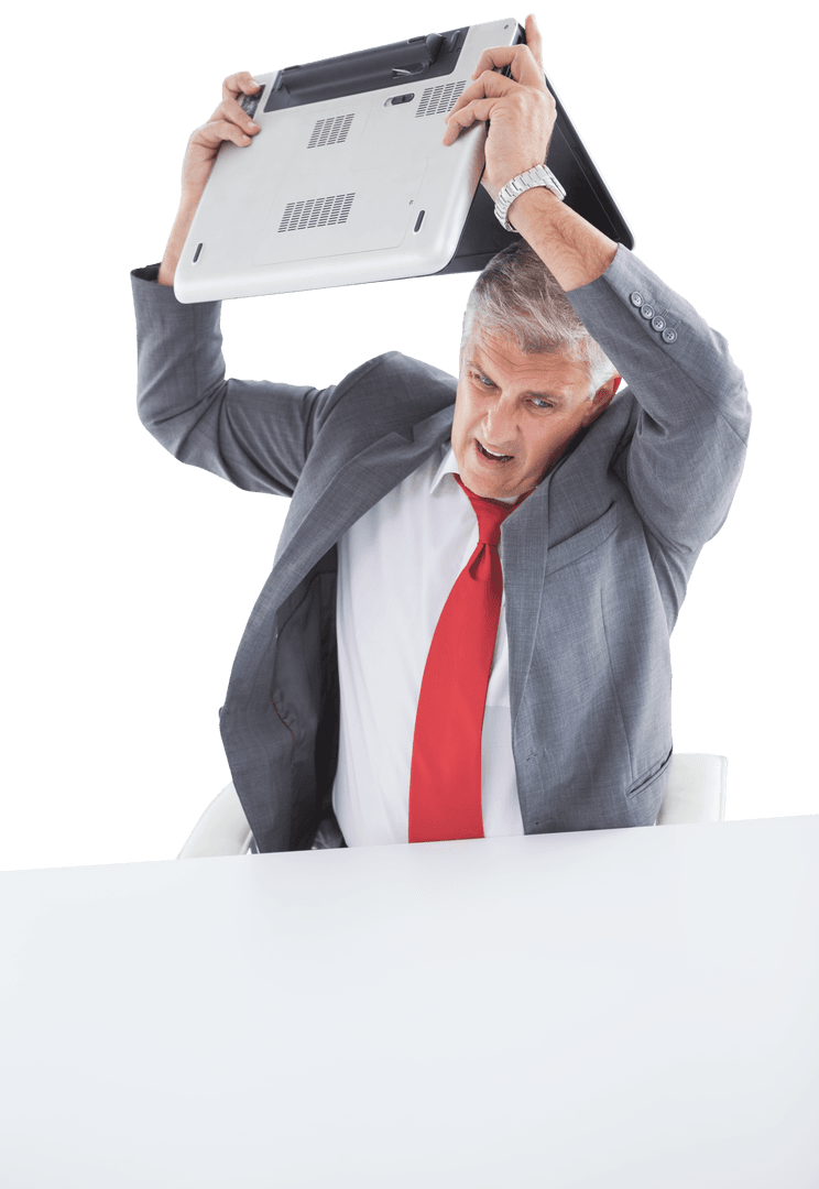 Caucasian Businessman Lifting Laptop in Anger on Transparent Background