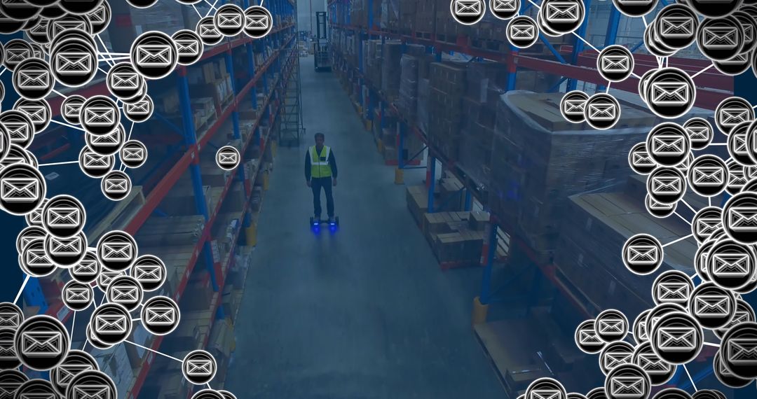 Delivery Worker Navigating Warehouse on Hoverboard