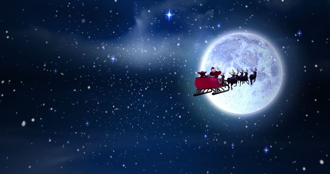 Santa Claus Flying Across Night Sky in Sleigh with Reindeer - Free Images, Stock Photos and Pictures on Pikwizard.com