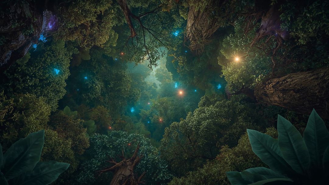 Mystical Forest Canopy with Glowing Orbs