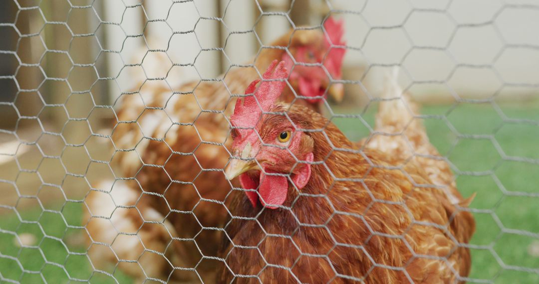 Close up of two hens behind fence on farm - Free Images, Stock Photos and Pictures on Pikwizard.com