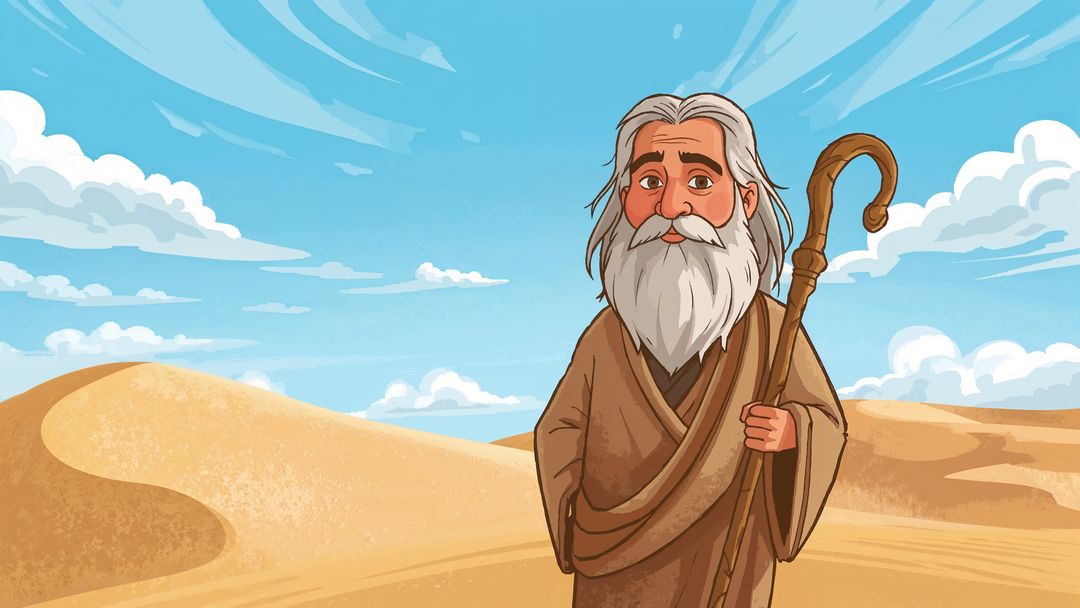Elderly Bearded Man with Staff Walking Through Desert Dunes Sky