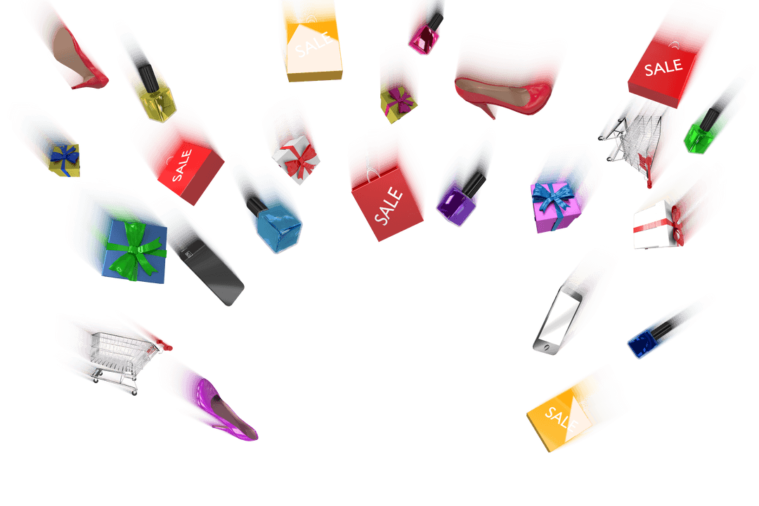 Transparent Floating Shopping Bags and Baskets Illustration