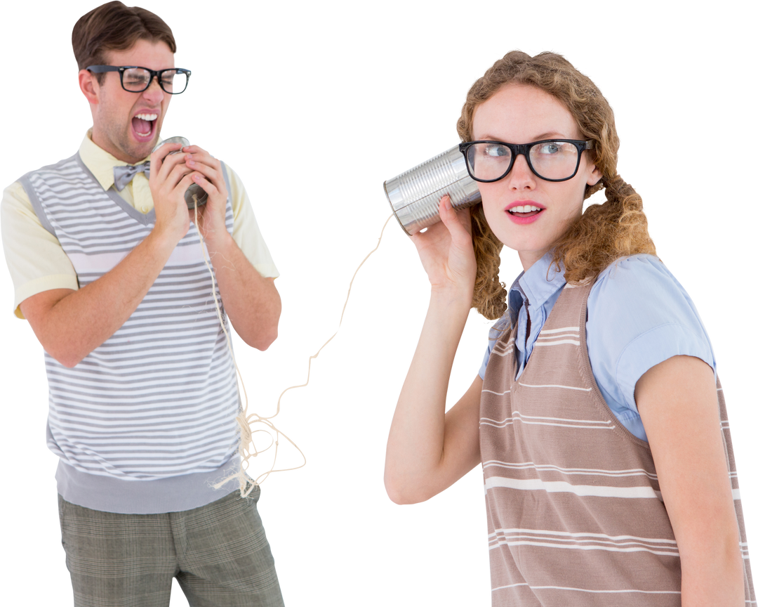 Geeky Couple Communicating with Tin Can Phone on Transparent Background - Download Free Stock Images Pikwizard.com